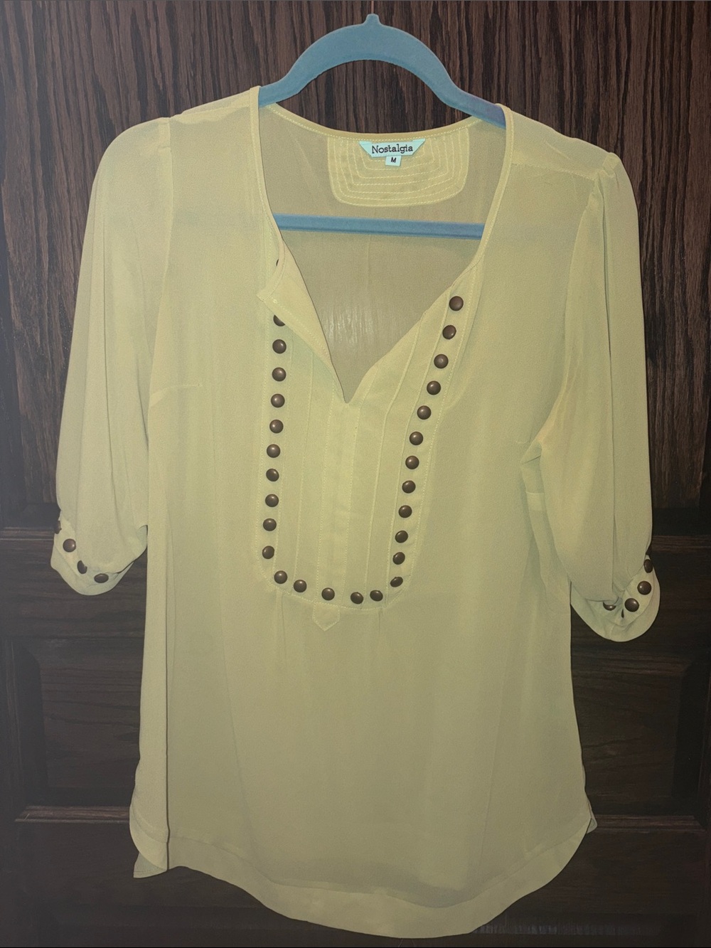 Nostalgia Pale Yellow/GreenStud-Trim Sheer Blouse